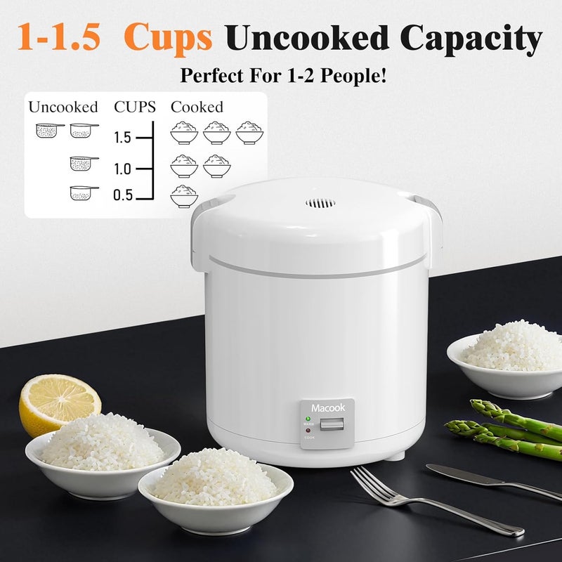 Macook Rice Cooker Small 1-1.5 Cups Uncooked(3 Cups Cooked), Mini Rice Cooker with Removable Nonstick Pot, One Touch&Keep Warm Function, Travel Rice Cooker for Soup Grain Oatmeal Veggie, White - Image 3
